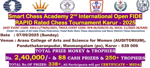 Smart Chess Academy ﻿2nd International Open FIDE RAPID Rated Chess Tournament Karur 2025