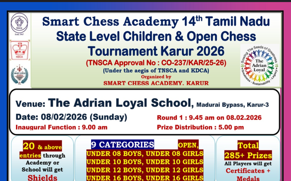 14th Tamil Nadu State Level Children & Open Chess Tournament 08 Feb 2026