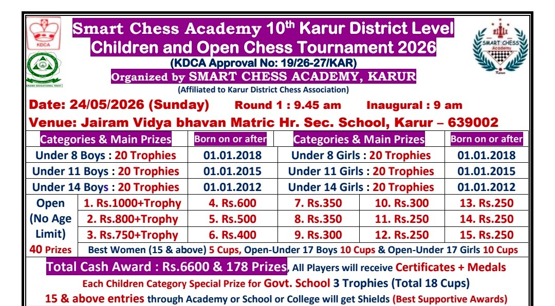 Smart Chess Academy 10th Karur District Level Children and Open Chess Tournament 2026
